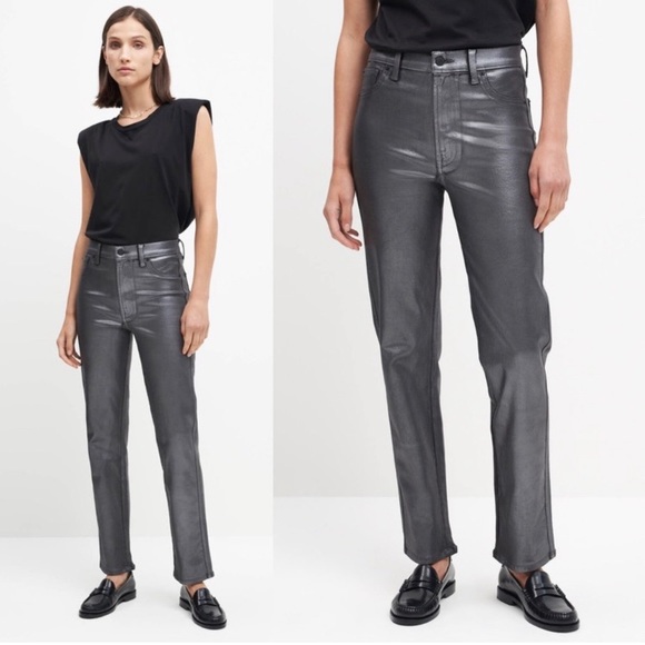 7‎ For All Mankind High-Rise Metallic Coated Straight Leg Jeans Silver Denim 29 - Picture 1 of 6